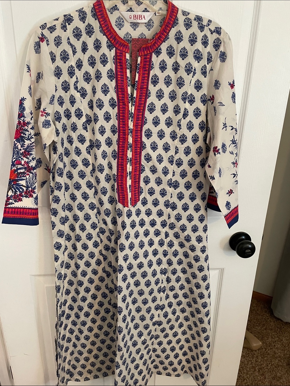 Biba Cream Kurta with Blue Block Print and Red Trim